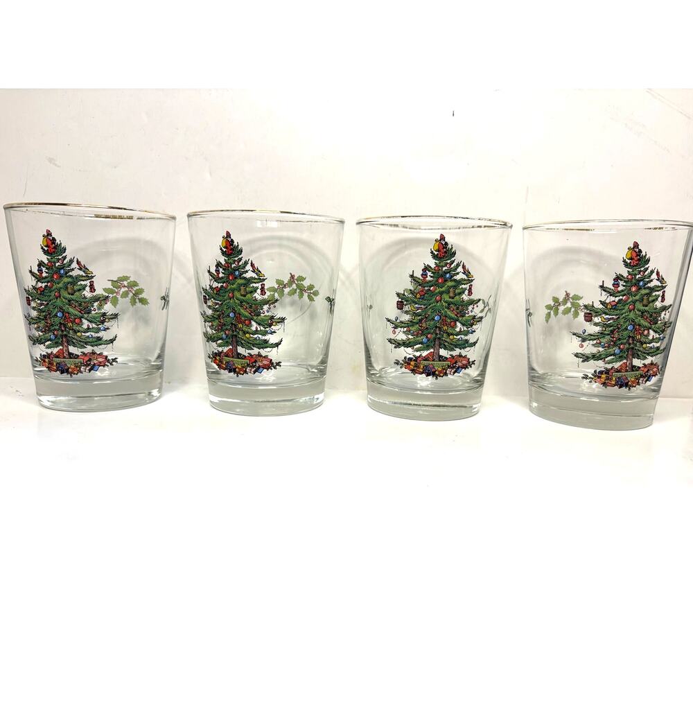 Vintage Spode Christmas Tree 12 oz Old Fashioned Glasses Set 4 Gold Rim Holiday